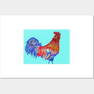 Rooster Watercolor Painting Aqua Blue Posters and Art